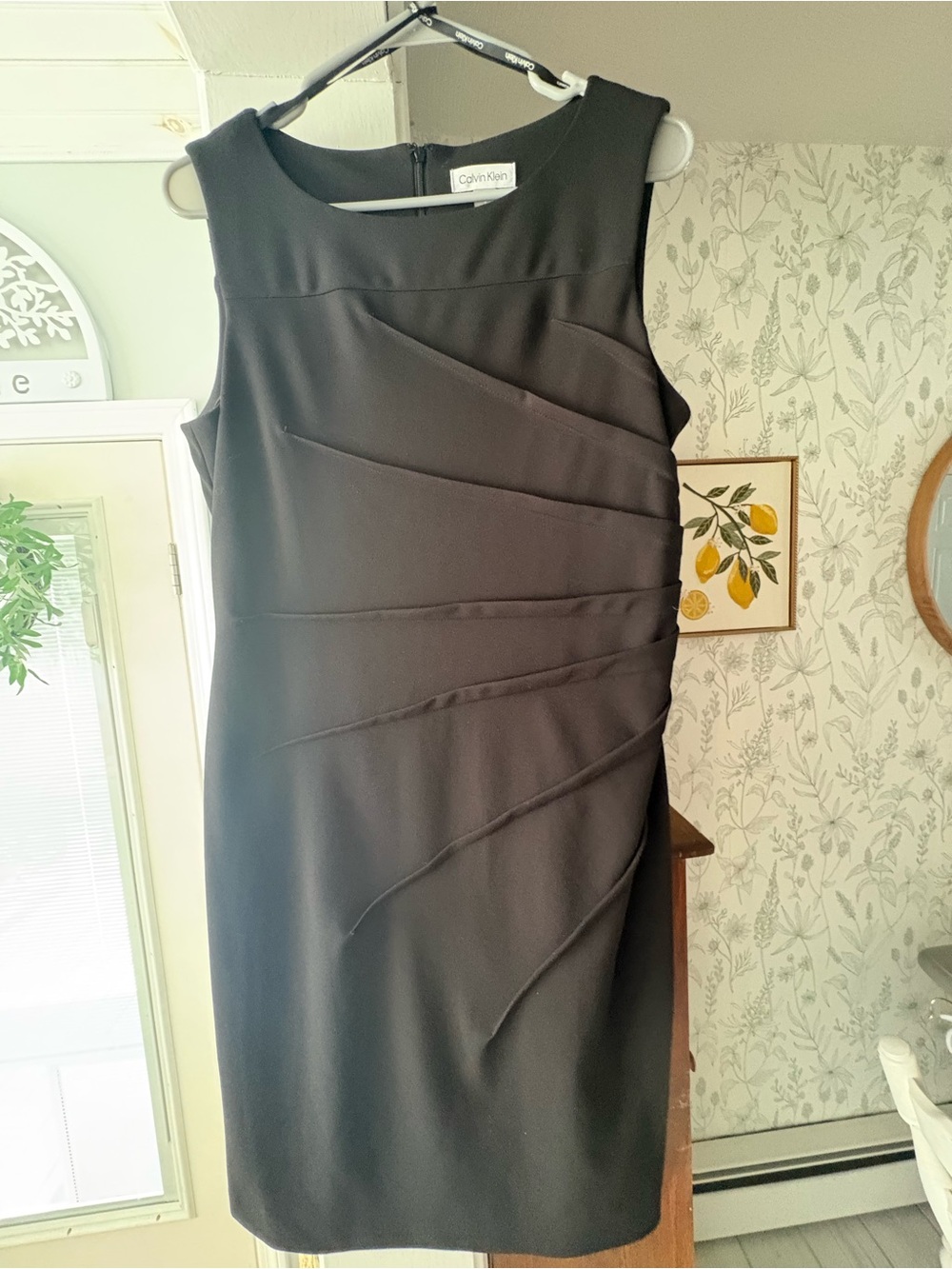 Calvin Klein Black Sleeveless Midi Sheath Dress with Diagonal Draping